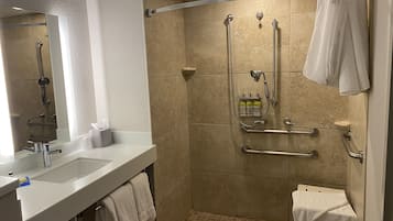 A modern bathroom with a walk-in shower, a vanity with a sink, and a toilet.