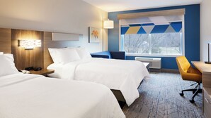 A hotel room with two beds, a desk, a chair, a window with a view, and a wall-mounted lamp. - Holiday Inn Express Los Angeles Airport Hawthorne by IHG (Hawthorne)