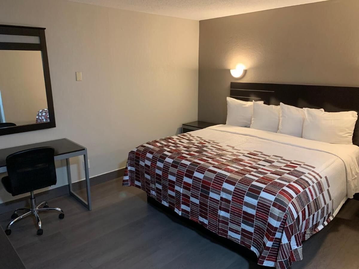 A hotel room with a bed, bedside table, chair, and a mirror on the wall.