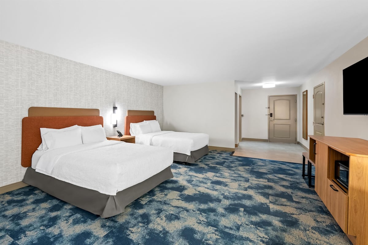 Habitación de hotel con dos camas, un televisor de pantalla plana, un armario de madera y una alfombra estampada.