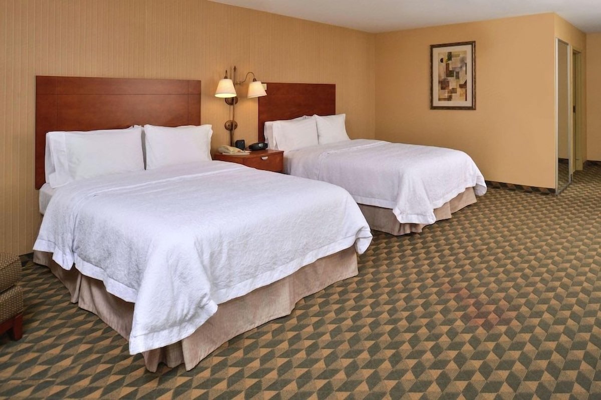 A hotel room with two beds, a headboard, bedside lamps, a telephone, and a patterned carpet.