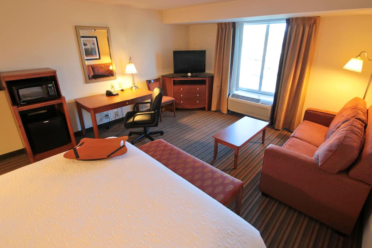 A hotel room with a bed, a desk with a television, a microwave, a chair, a sofa, and a window with curtains.