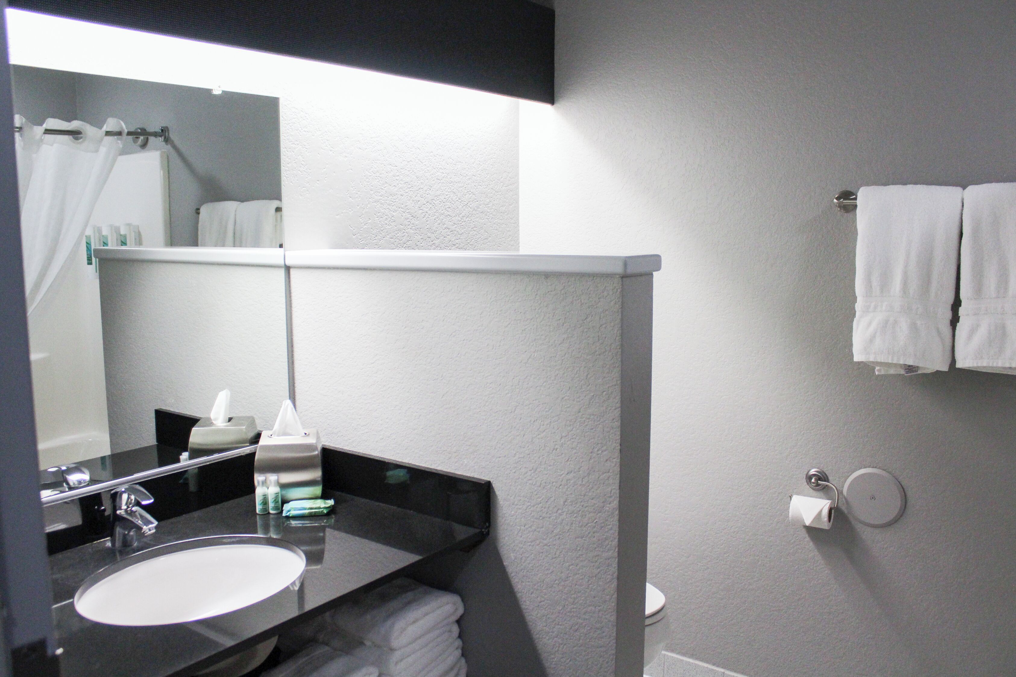 Un baño con lavabo, espejo, toallero y retrete.