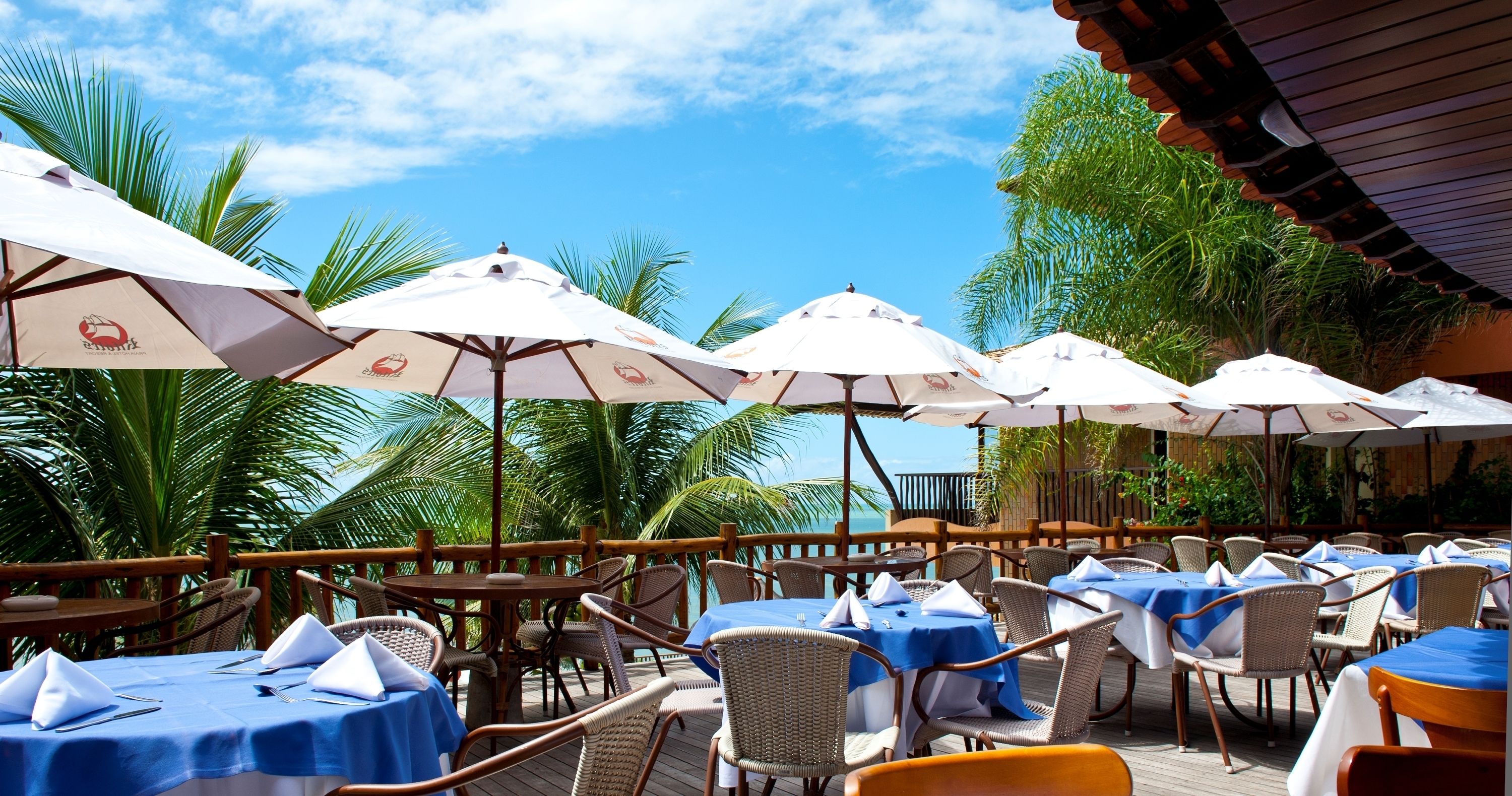 An outdoor dining area with tables and chairs, umbrellas, and palm trees.