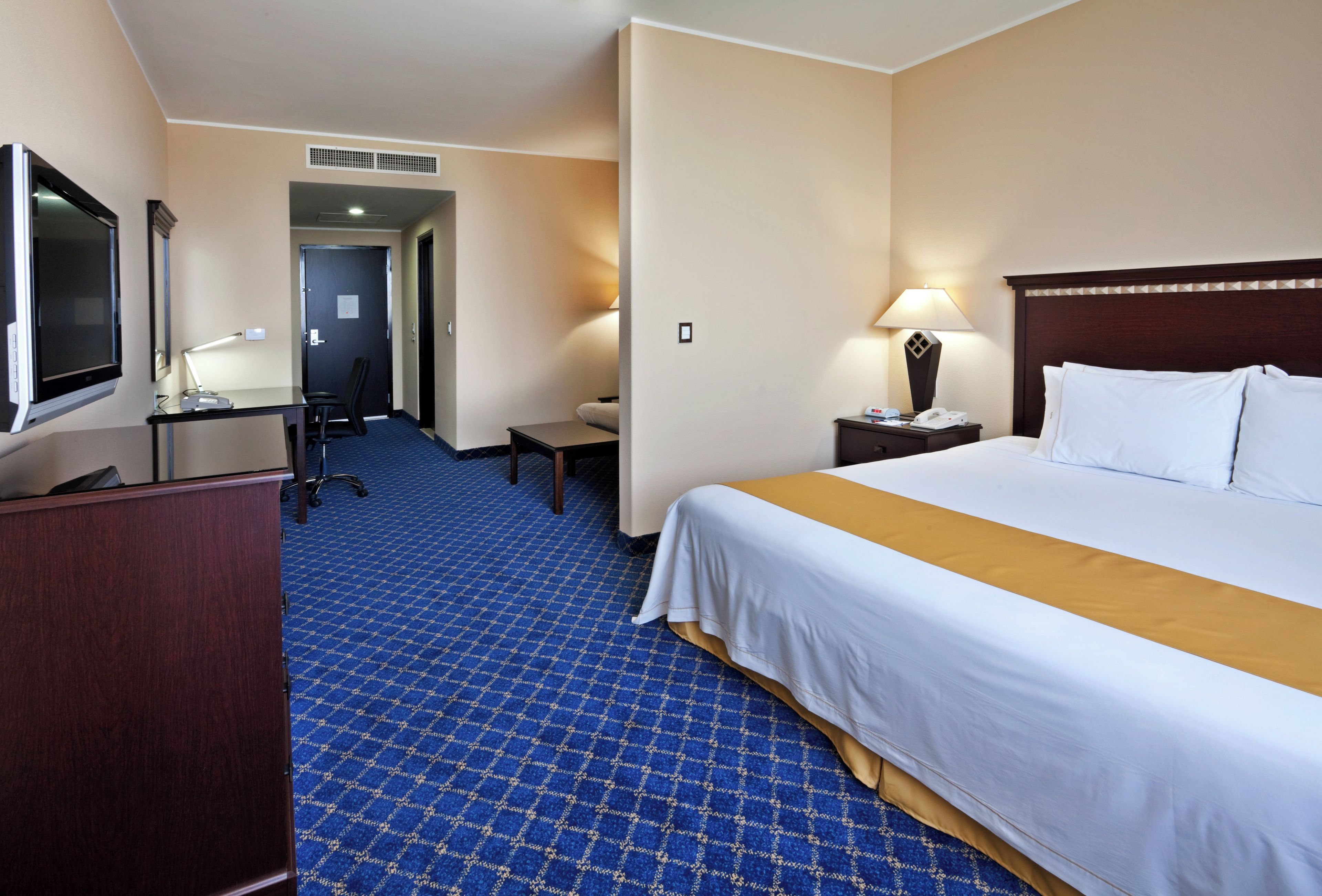 Habitación de hotel con cama, escritorio, silla, televisor y lámpara.