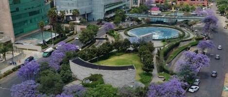 Una glorieta con una fuente central, rodeada de edificios modernos y árboles con flores moradas.