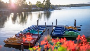 A marina with several colorful pedal boats docked at wooden piers. - Seehotel Wassermann (Seeon-Seebruck)