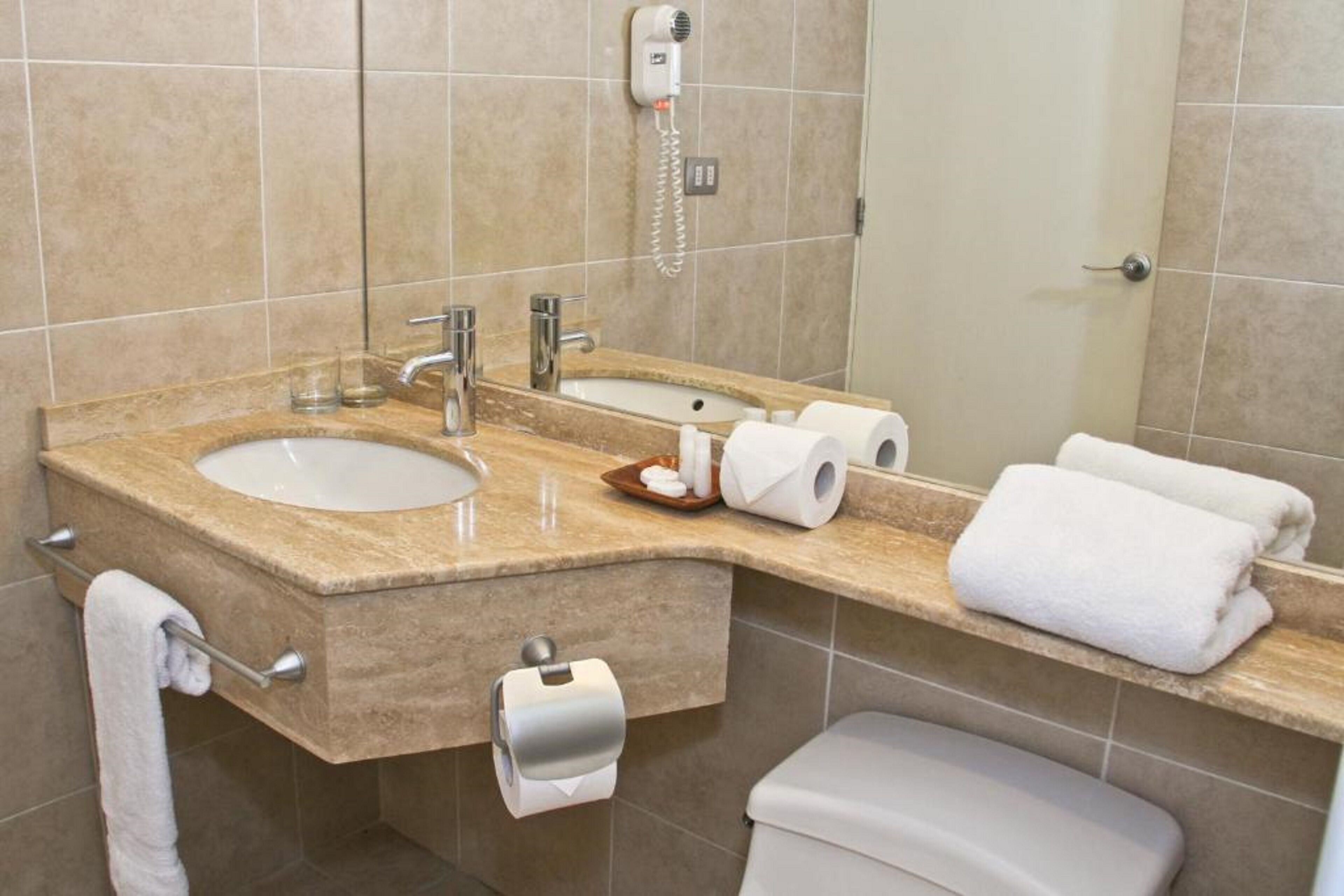 Un baño con dos lavamanos, un secador de pelo, un perchero para toallas y un inodoro.