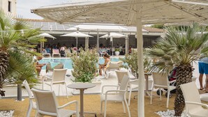 Ein Außenpoolbereich mit weißen Stühlen und Sonnenschirmen, umgeben von Palmen und einem gefliesten Boden.