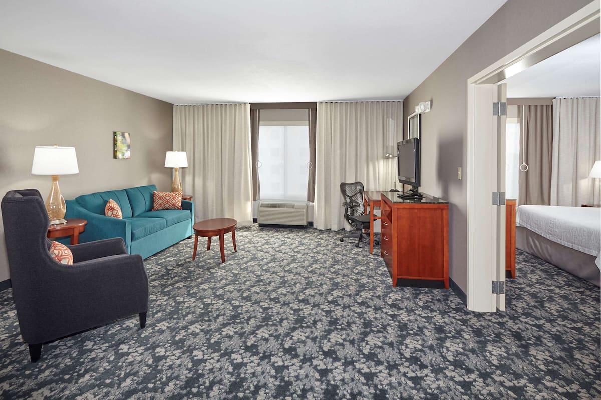 Une chambre d’hôtel équipée d’un canapé, d’un fauteuil, d’un bureau, d’une télévision et d’un lit.