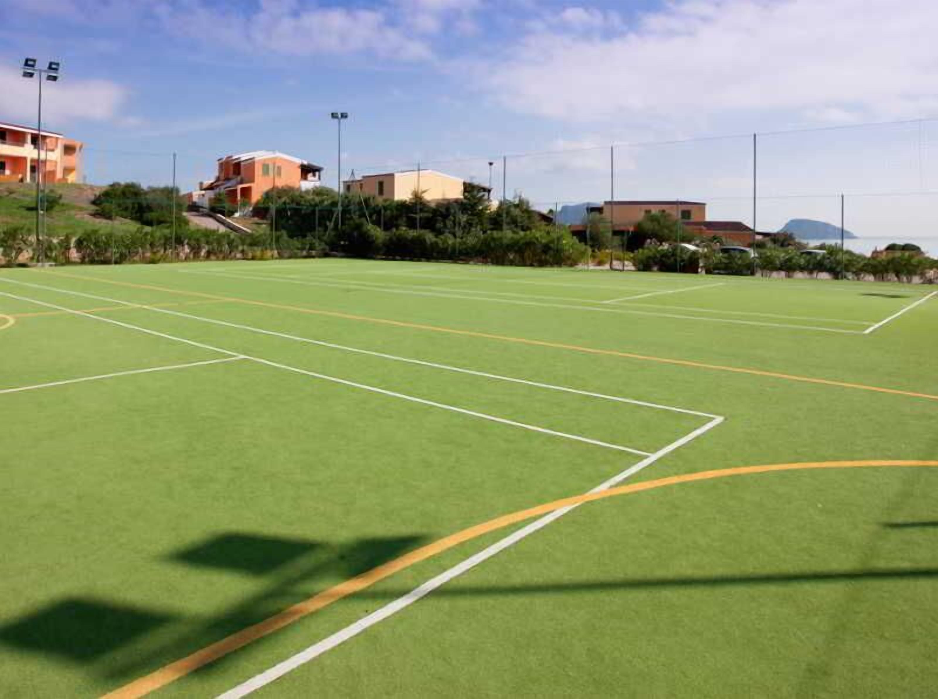 A sports field with clear boundary lines and floodlights.