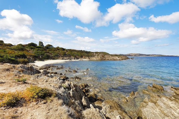 Private beach, sun-loungers, beach umbrellas, snorkelling