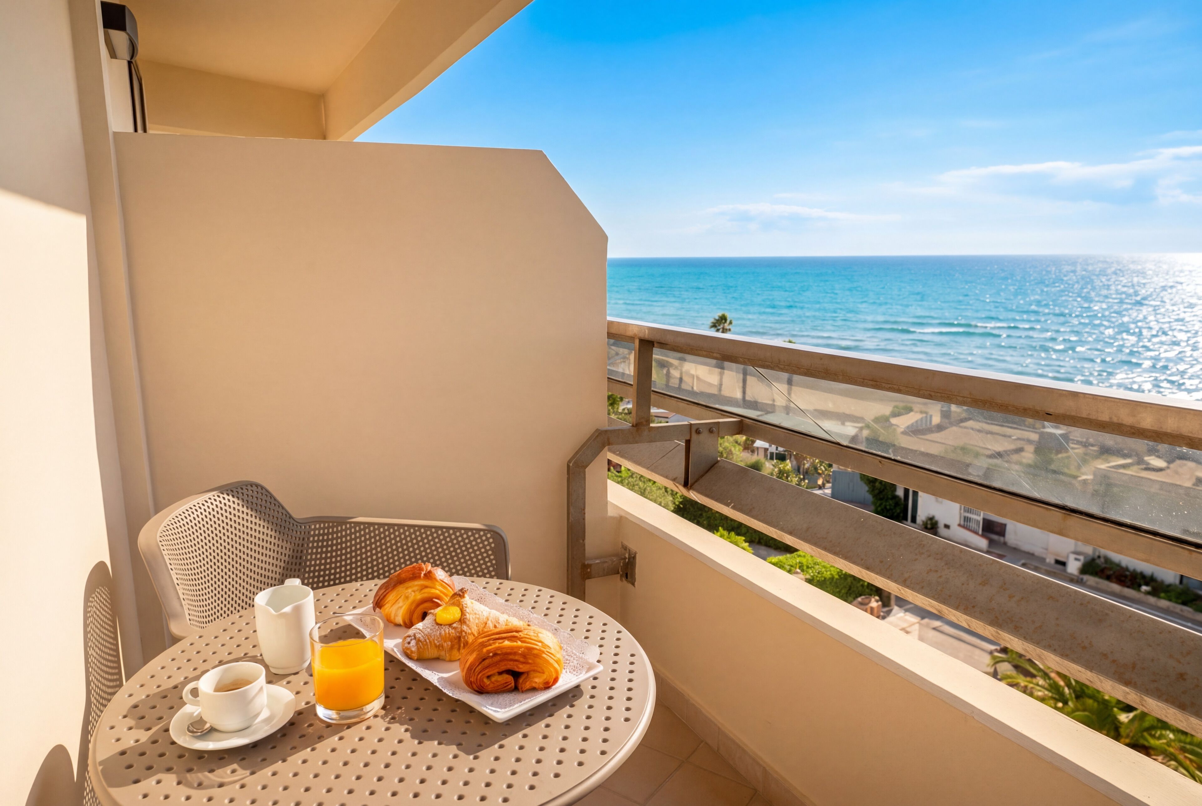 Un balcón con una mesa lista para el desayuno, con vista al mar.