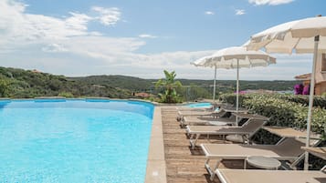 Seasonal outdoor pool, pool umbrellas, pool loungers