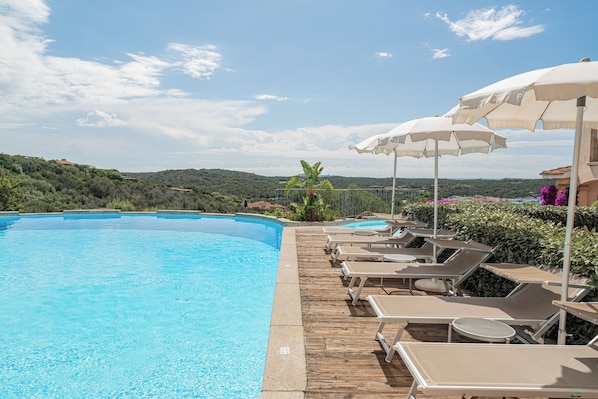Seasonal outdoor pool, pool umbrellas, pool loungers