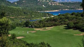 Play a round of golf amidst lush greenery and a stunning coastal landscape.
