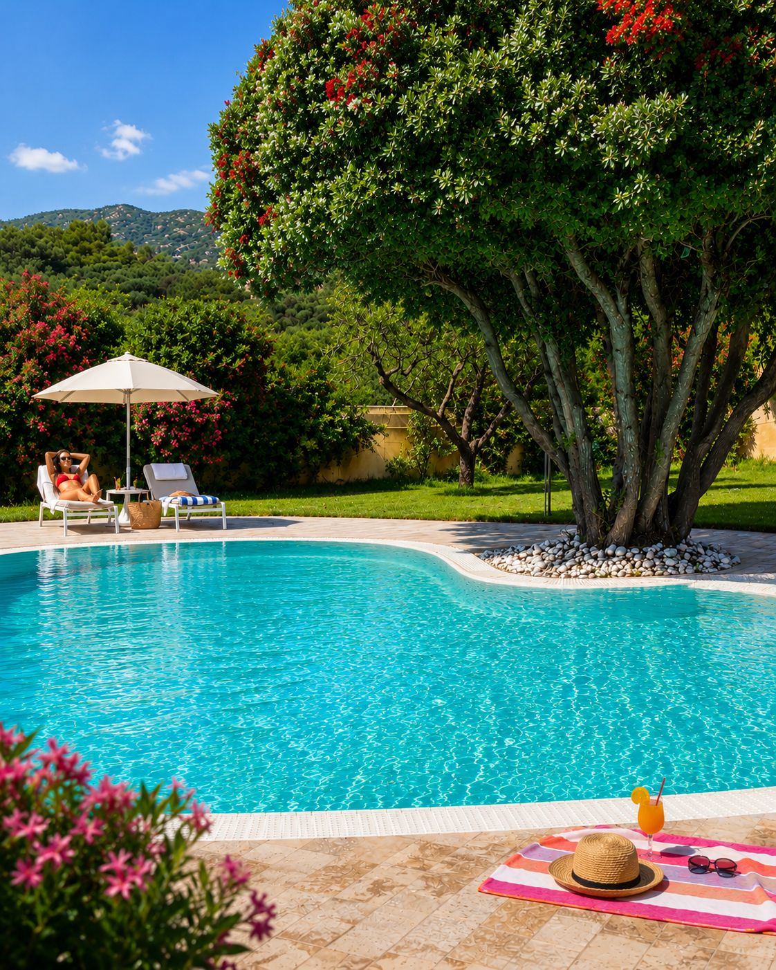 A swimming pool with lounge chairs and a tree.