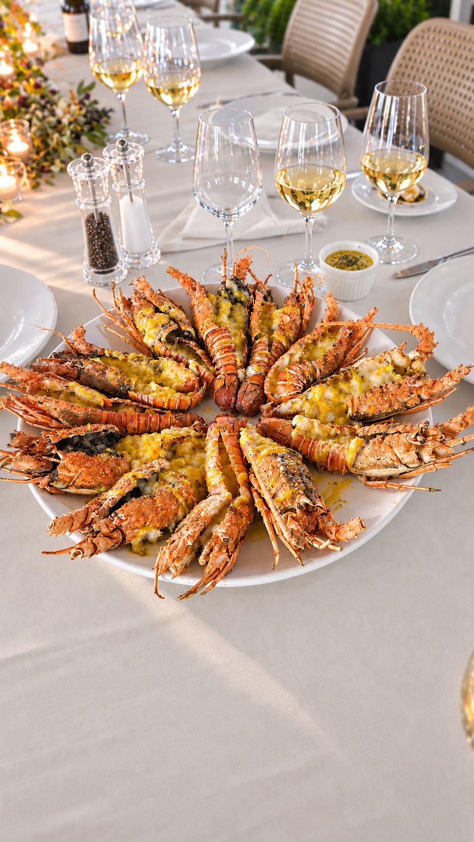 A table set with plates of cooked lobster, wine glasses, and salt and pepper shakers.