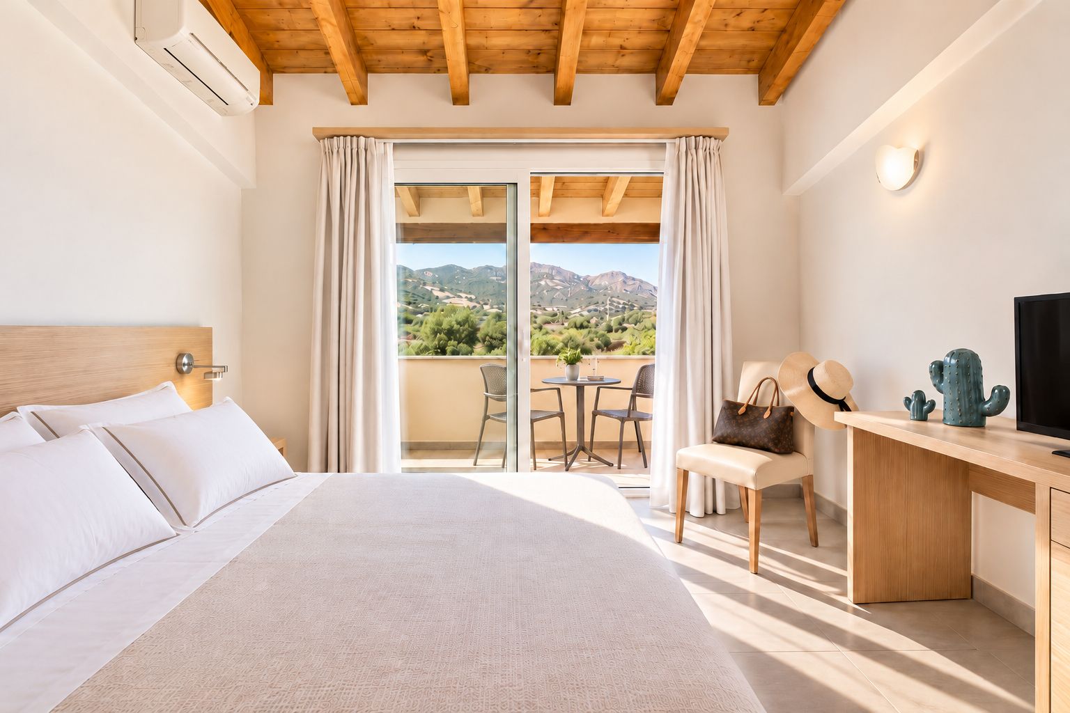 Habitación de hotel con cama, escritorio, silla, televisor y vista a las montañas.