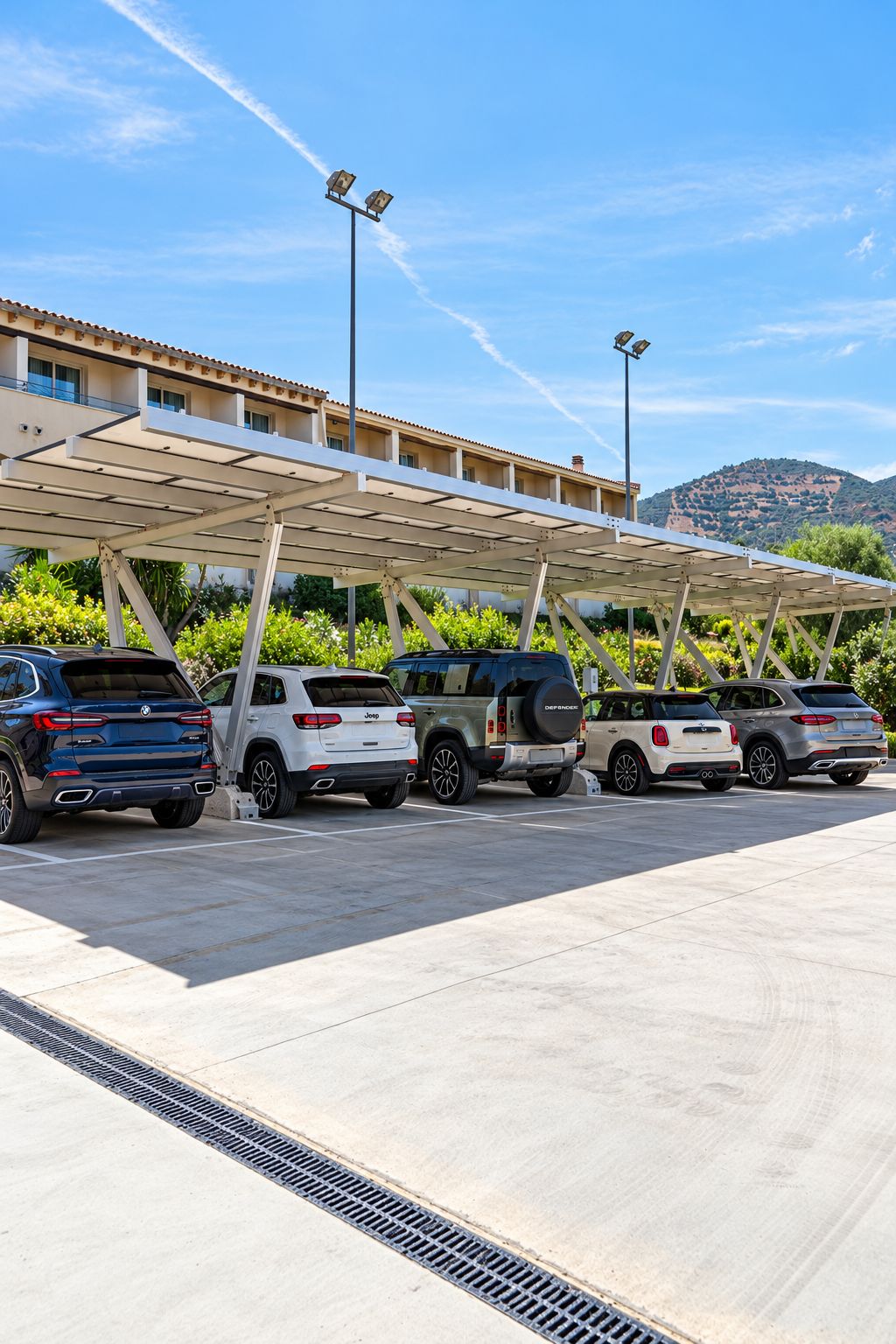 A parking area with a covered structure, multiple cars, and a building with a tiled roof in the background.