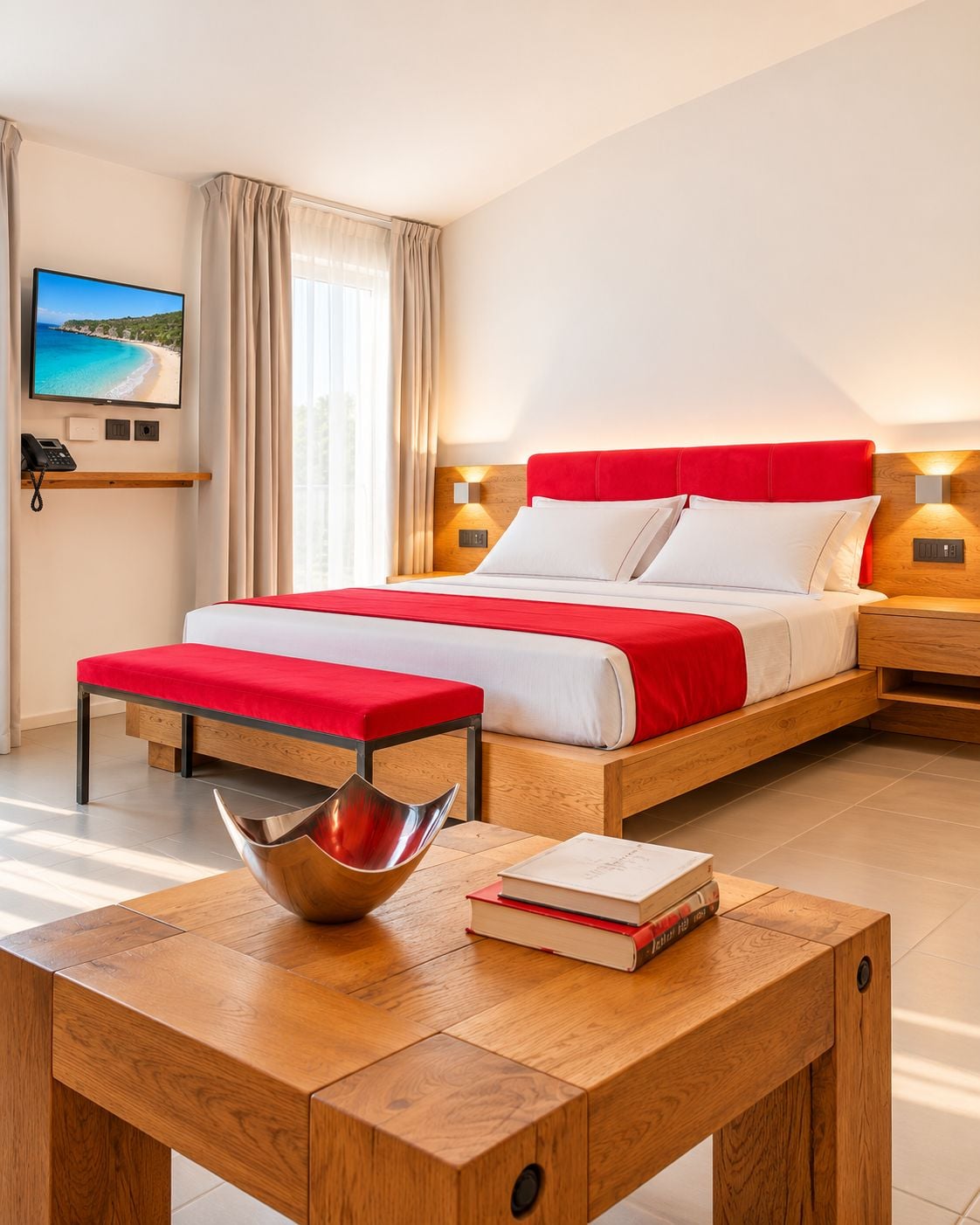 A hotel room with a bed, bedside tables, a TV, and a view of a beach.