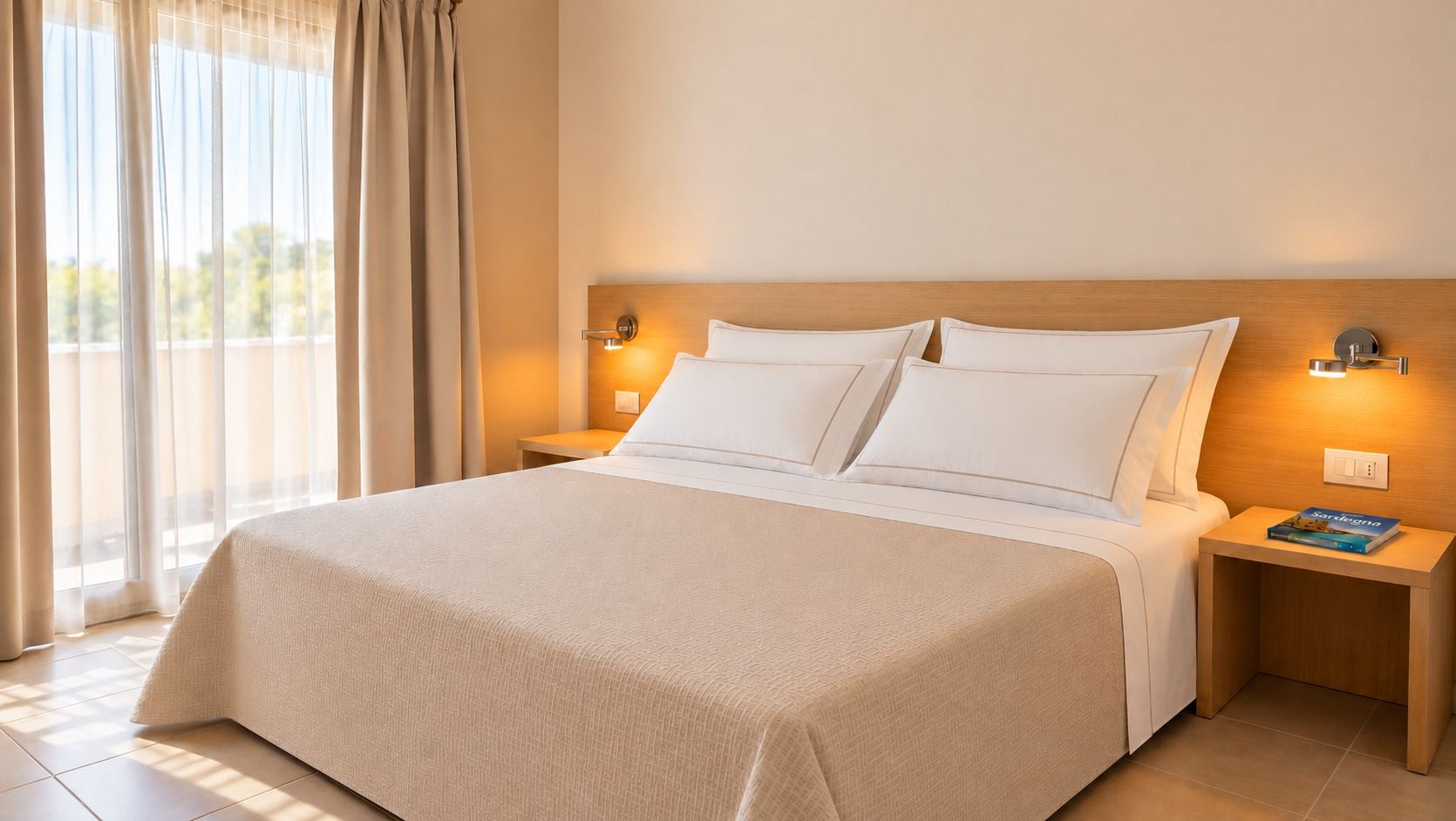 Une chambre d’hôtel avec un grand lit, deux tables de chevet et une vue sur l’extérieur par une fenêtre munie de rideaux.