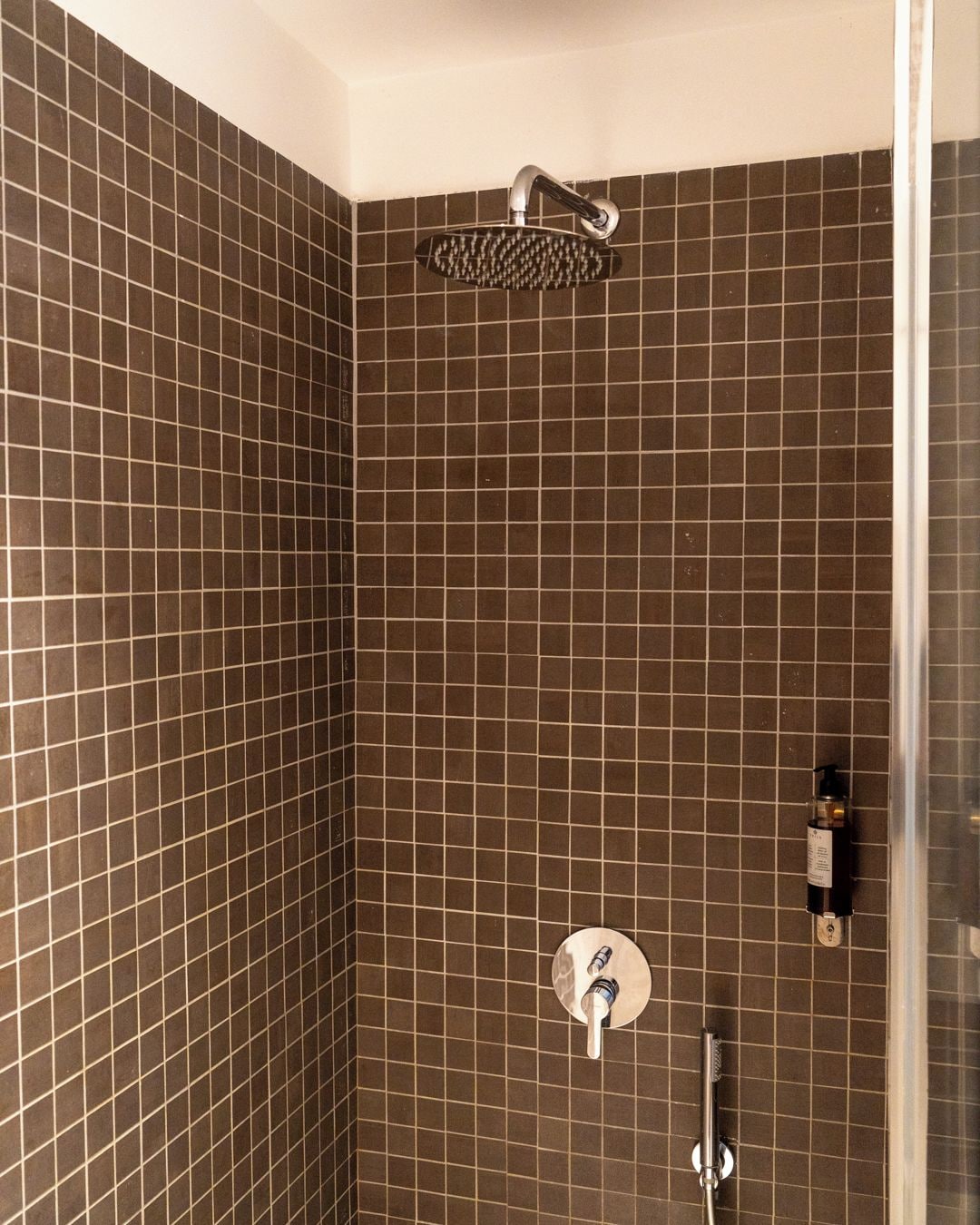 A shower area with a handheld showerhead, a wall-mounted faucet, and a soap dispenser.
