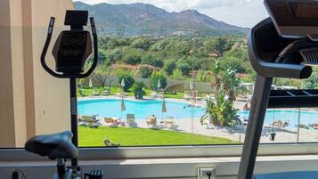 A home gym with exercise equipment, a view of a swimming pool, and a mountain landscape.