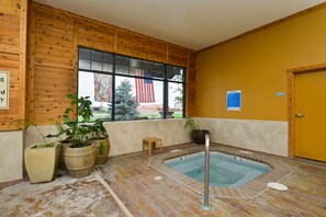 A spa area with a hot tub, wooden walls, a window with a view, and potted plants.