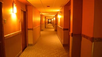A hotel corridor with carpeted floors, doors on both sides, and wall-mounted light fixtures.