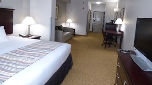 A hotel room with a bed, a desk, a chair, a television, and a sofa. - Country Inn & Suites by Radisson, Pensacola West, FL (Pensacola)
