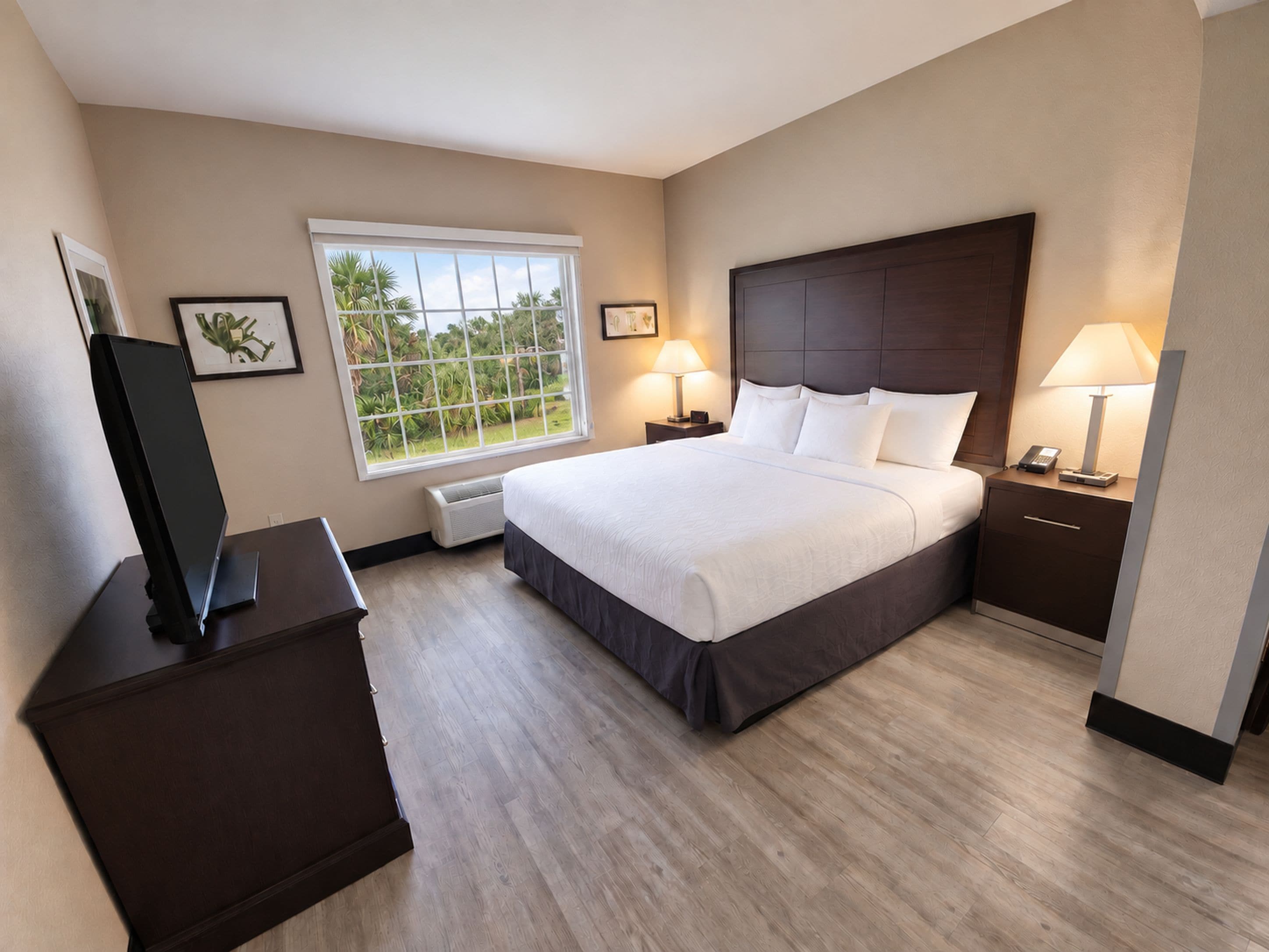 A hotel room with a large bed, bedside lamps, a flat-screen TV, and a window with a view of greenery.