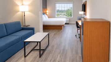 Habitación de hotel compacta con cama, sofá, escritorio y televisión.