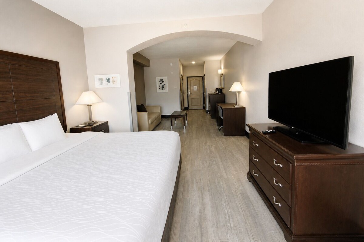 A hotel room with a large bed, a television, a desk, and a chair.