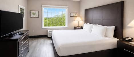 A hotel room with a large bed, a television, a desk with drawers, a window with a view of trees, and a nightstand with a lamp.