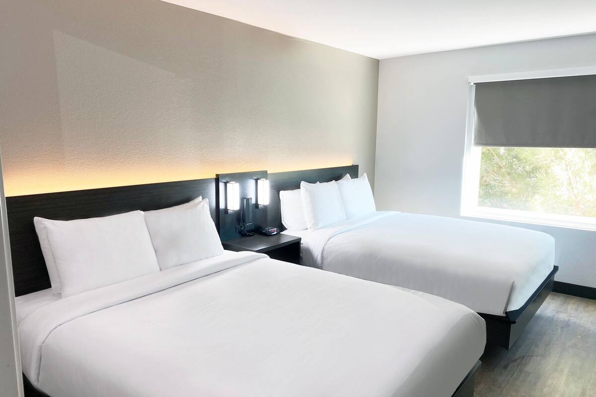 A hotel room with two beds, a nightstand with a lamp, and a window with a view of trees.