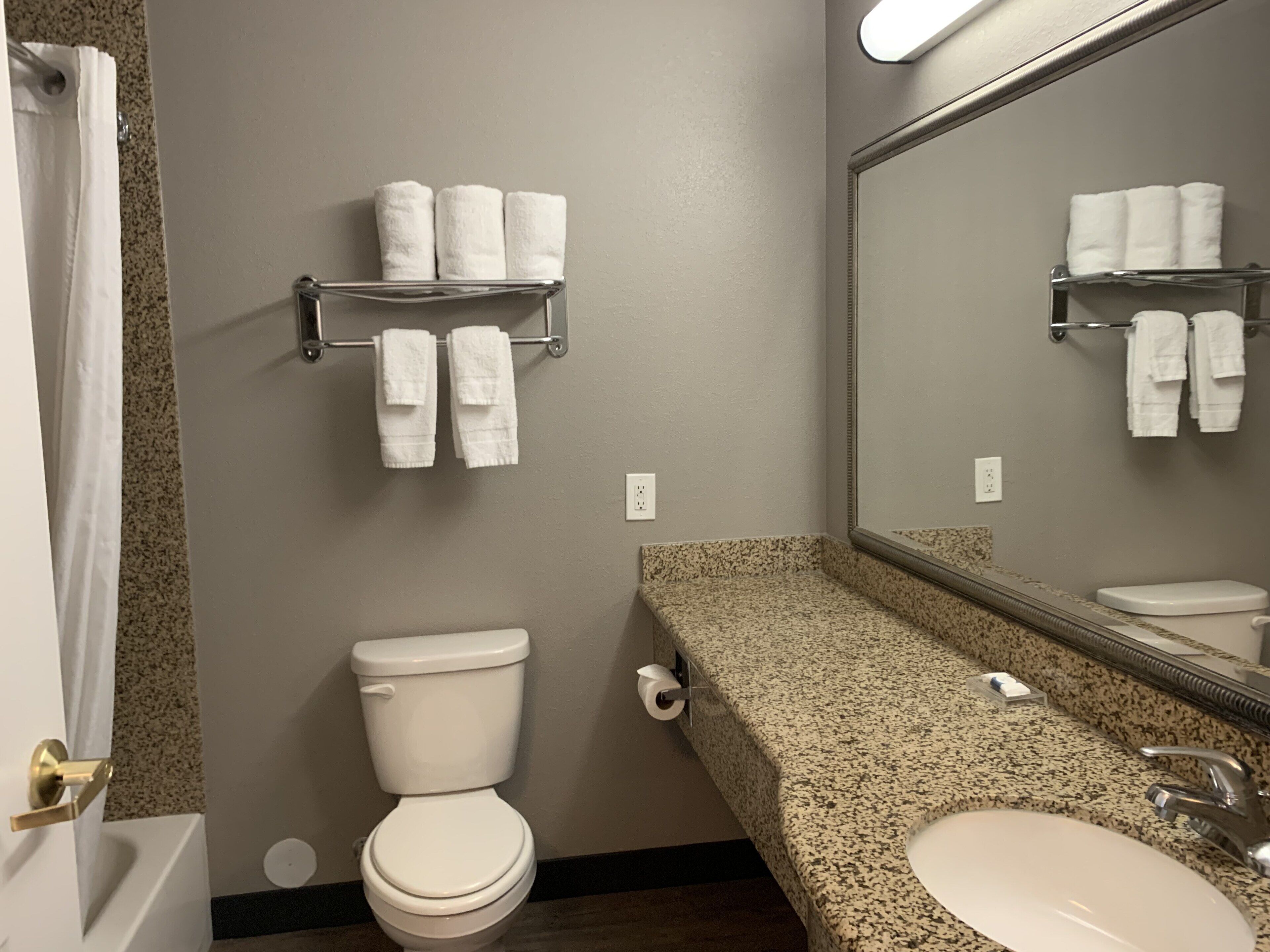 A bathroom with a toilet, sink, and towel rack.
