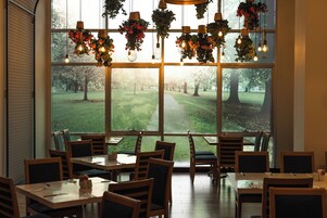 Un comedor con mesas y sillas, ventanas amplias con vistas a un parque y plantas colgantes con luces.