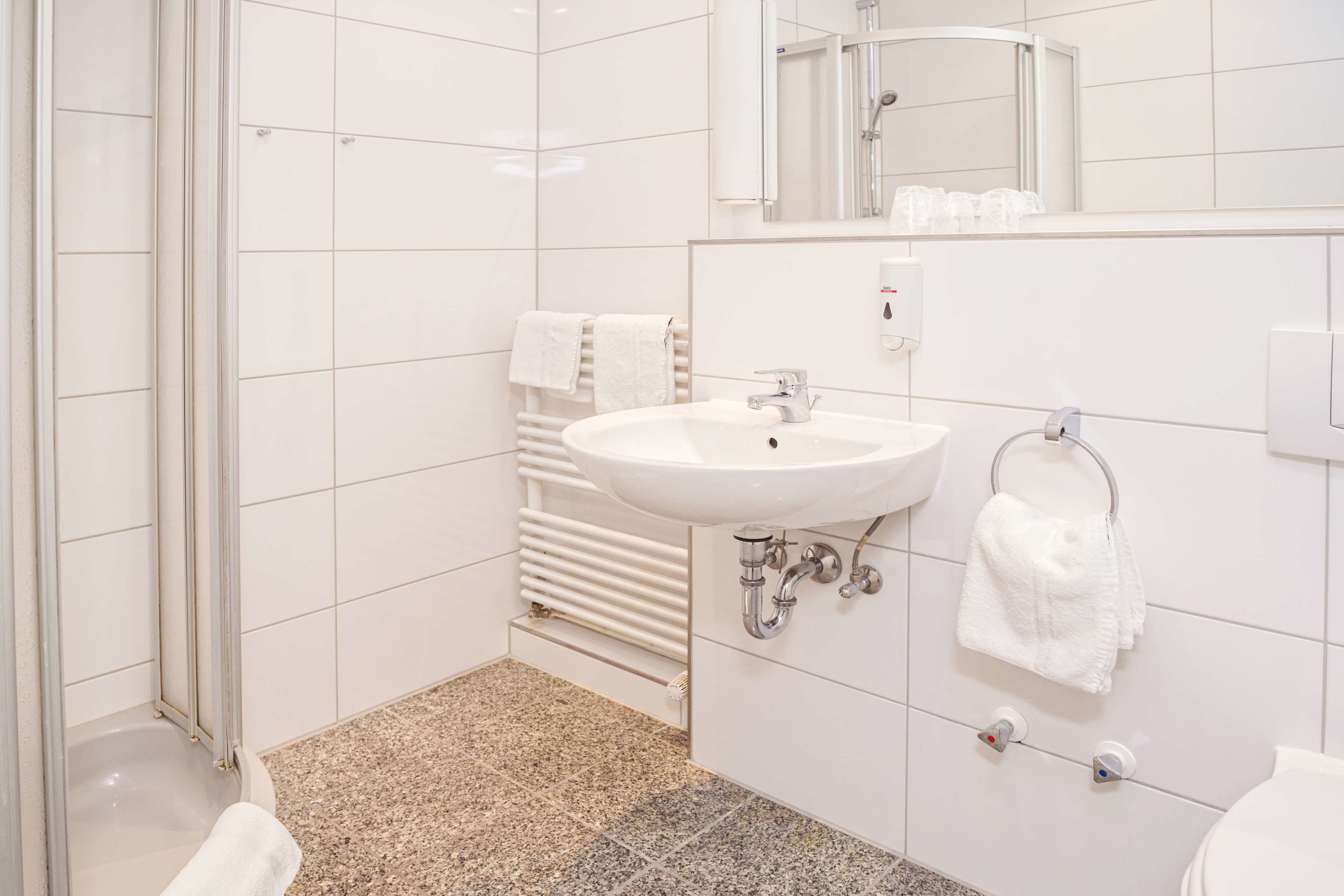 Dusche, umweltfreundliche Kosmetikartikel, Haartrockner, Handtücher