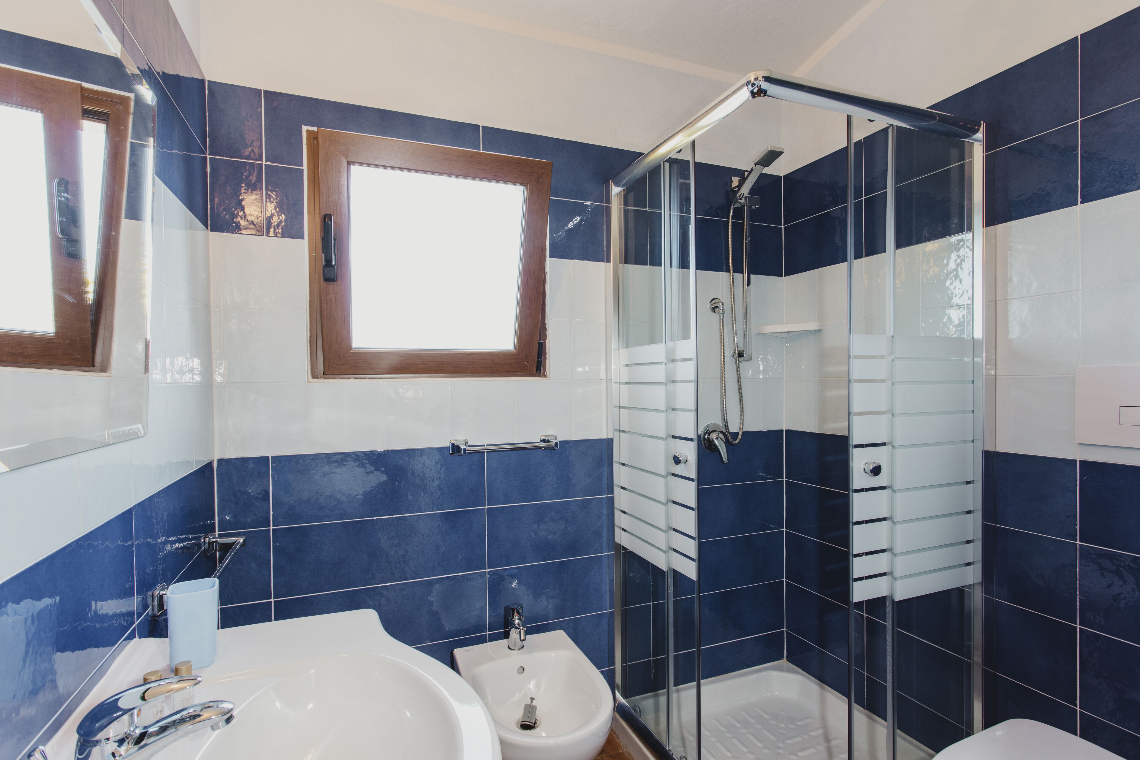 Un baño con ducha de vidrio, lavamanos y bidé.
