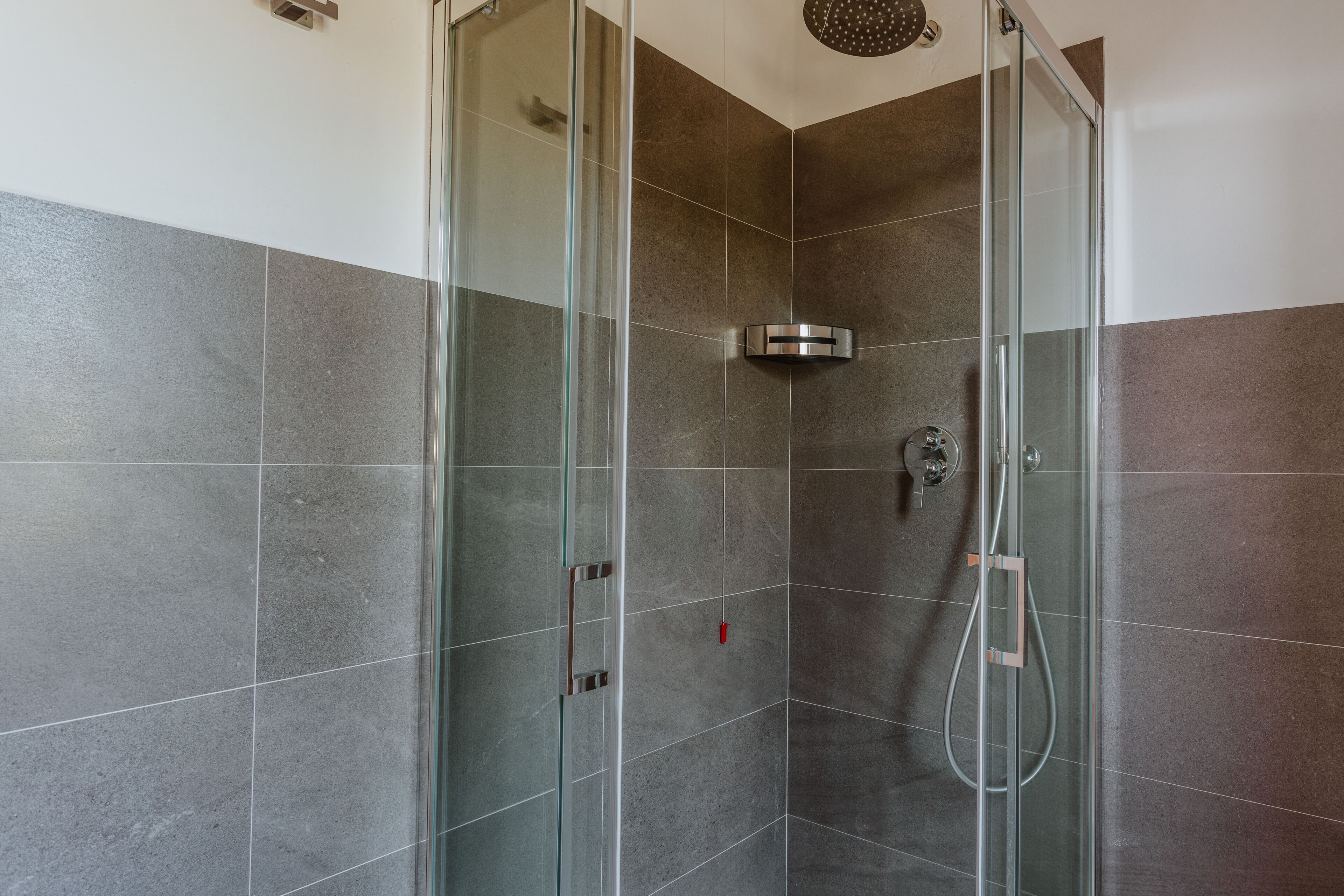 A modern shower enclosure with glass doors, a handheld showerhead, and a wall-mounted control panel.