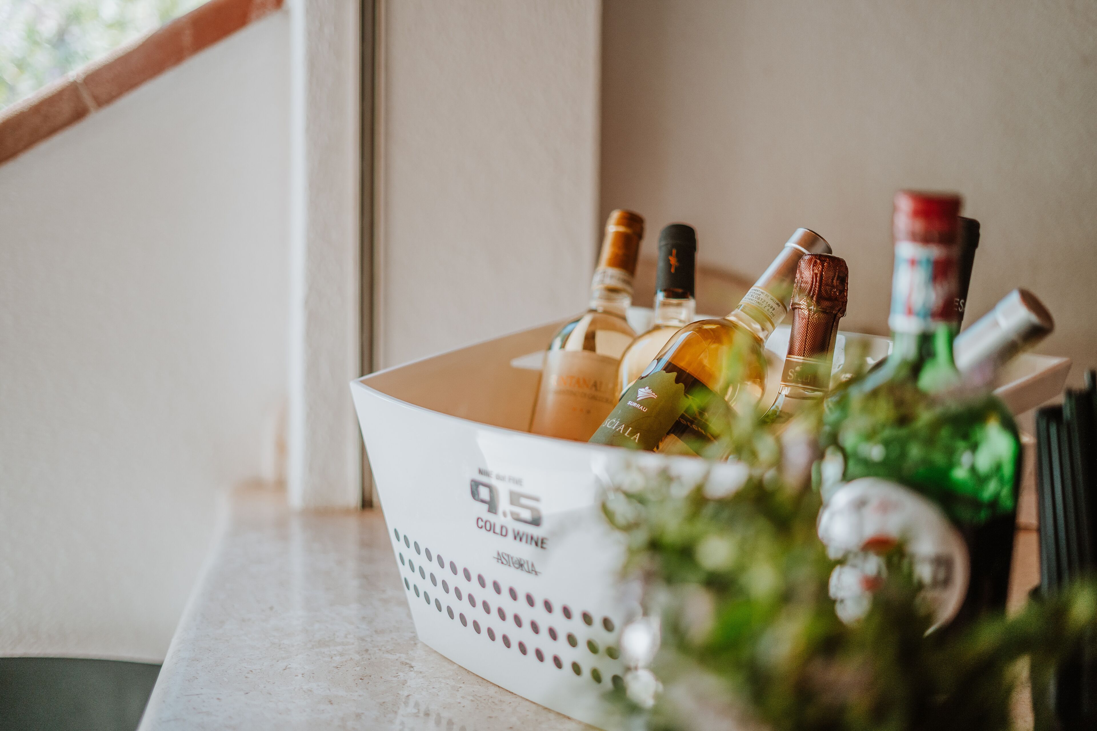 Un panier contenant diverses bouteilles de vin, dont un vin autrichien servi frais à 9,5 degrés, est posé sur un comptoir près d’une fenêtre.