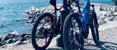 Una bicicleta de montaña azul estacionada sobre un camino adoquinado junto al mar, con una costa rocosa y una vista despejada del océano al fondo.