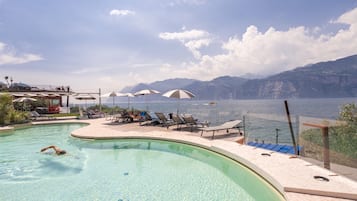 Outdoor pool, pool umbrellas, sun loungers