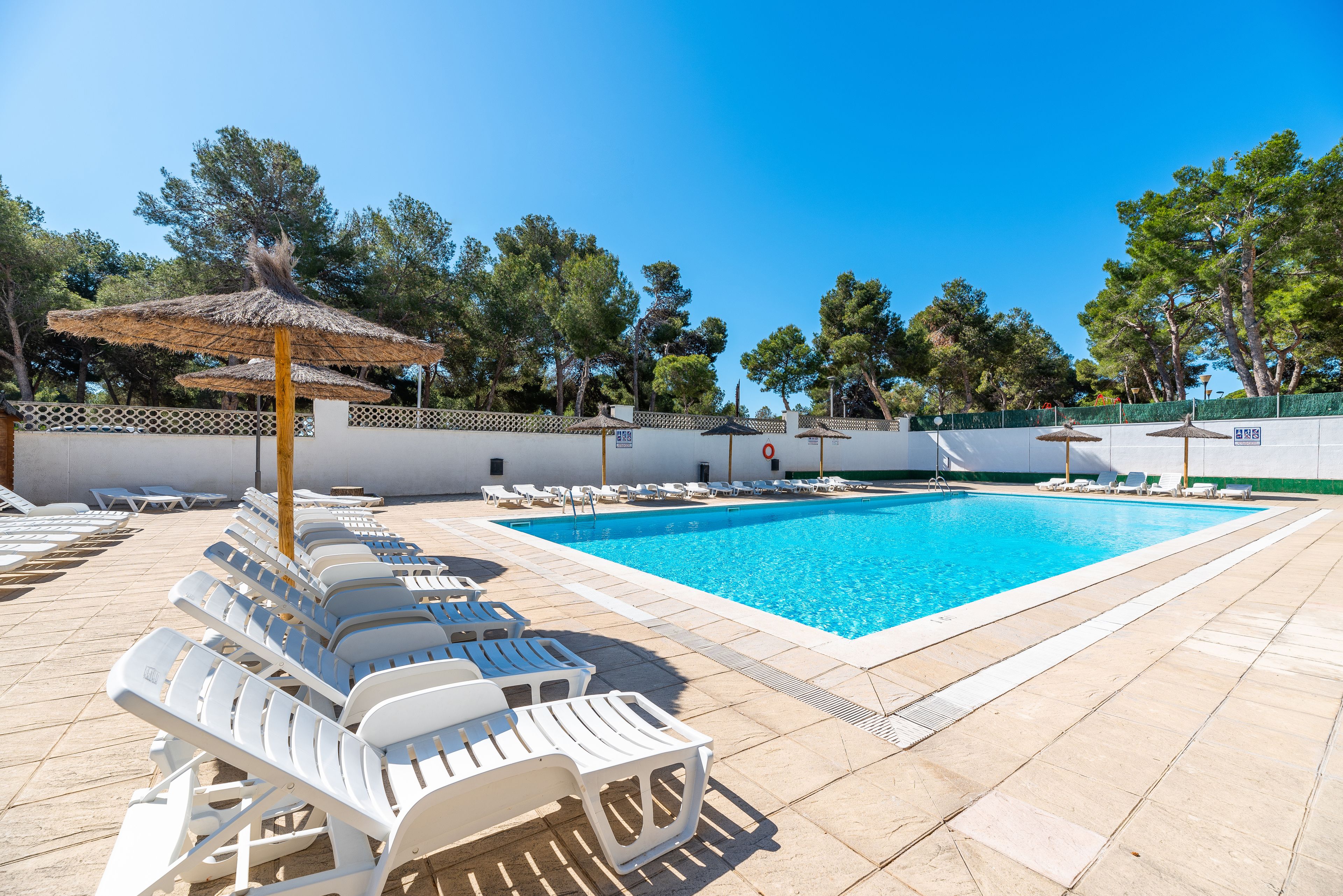 A pool area with white lounge chairs and umbrellas, surrounded by a white fence and trees.