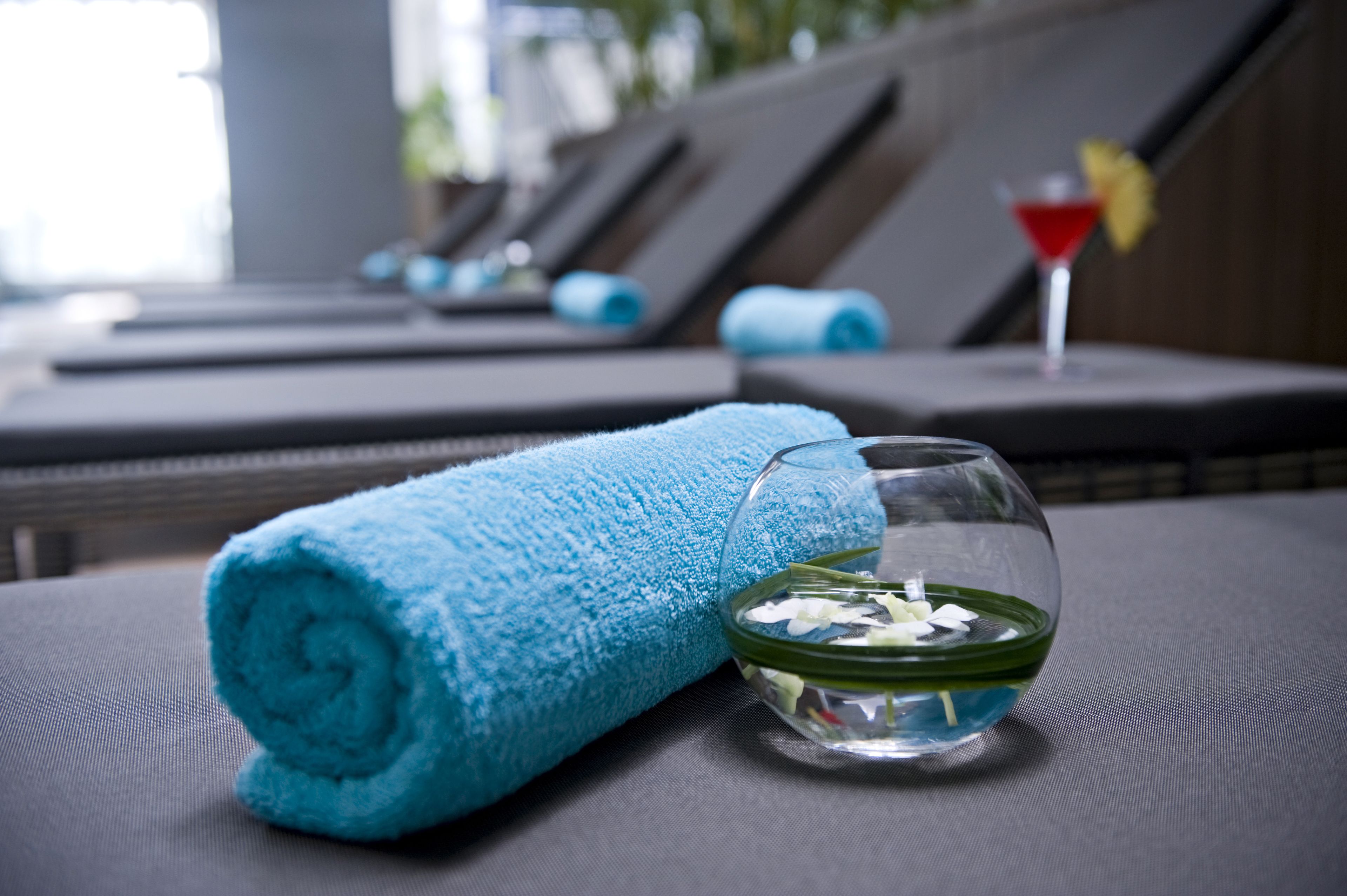 outdoor pool, pool loungers