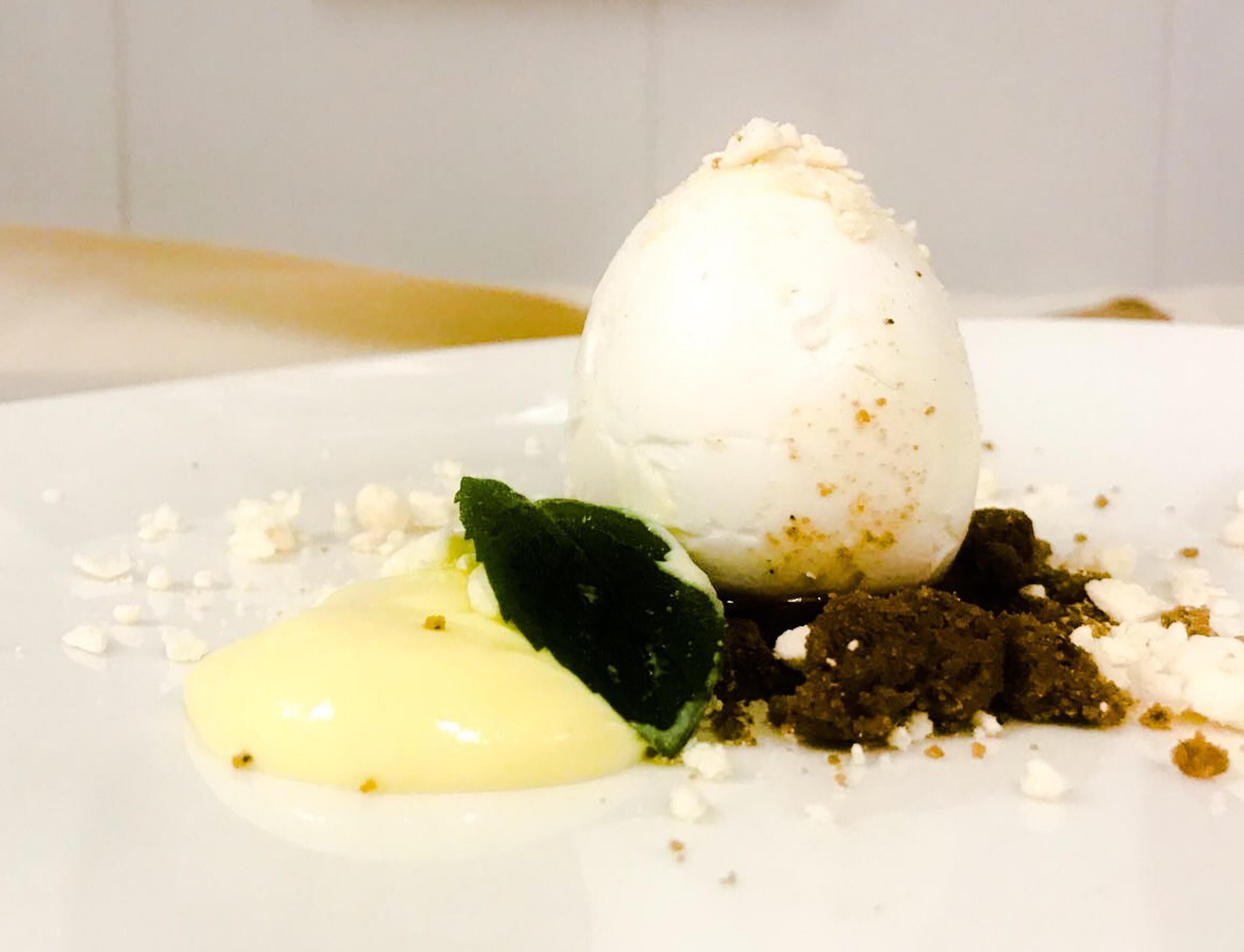 A dessert with a scoop of ice cream, a dollop of sauce, and a mint leaf on a white plate.
