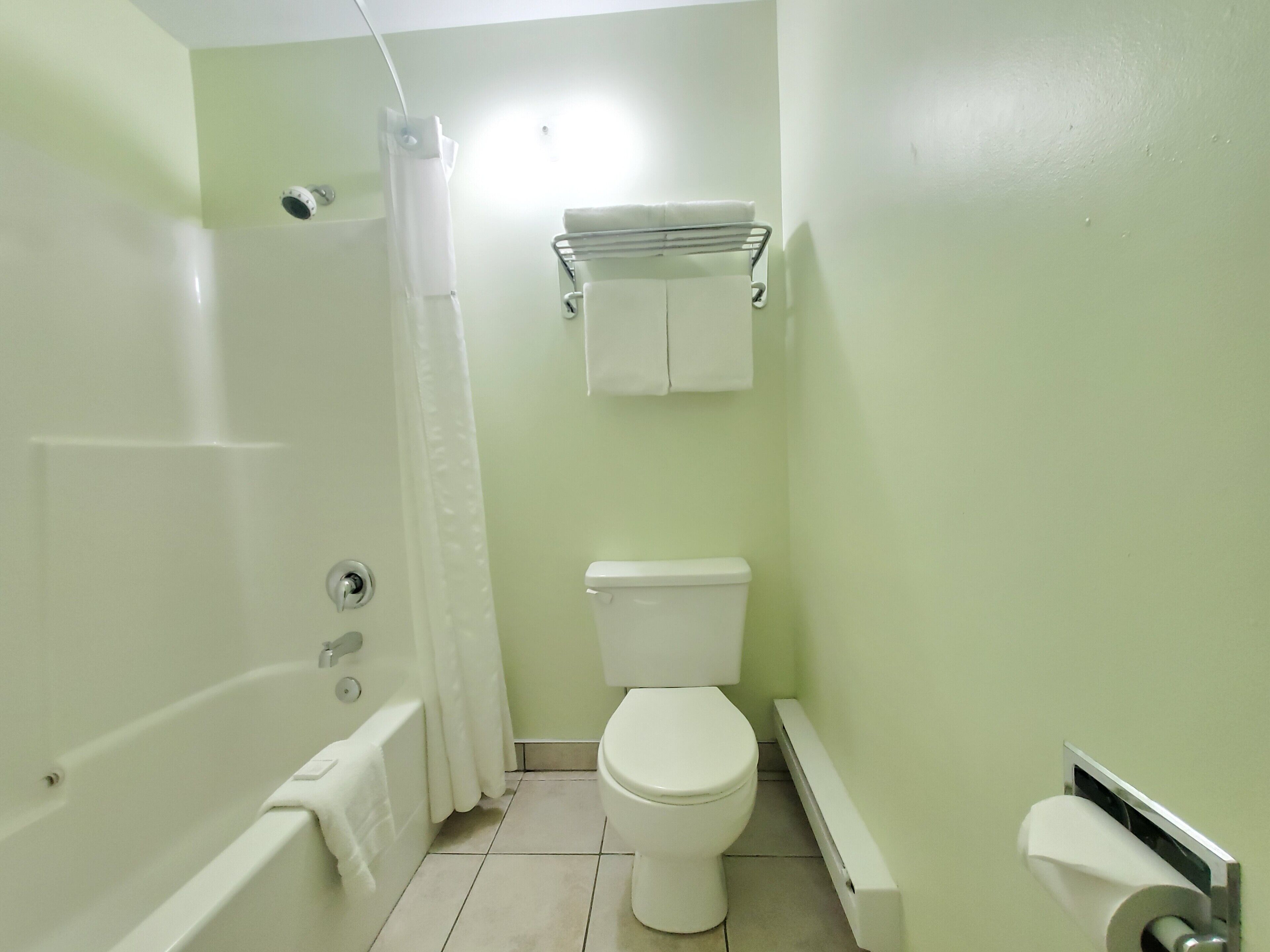 A small bathroom with a bathtub, toilet, and a shower curtain.