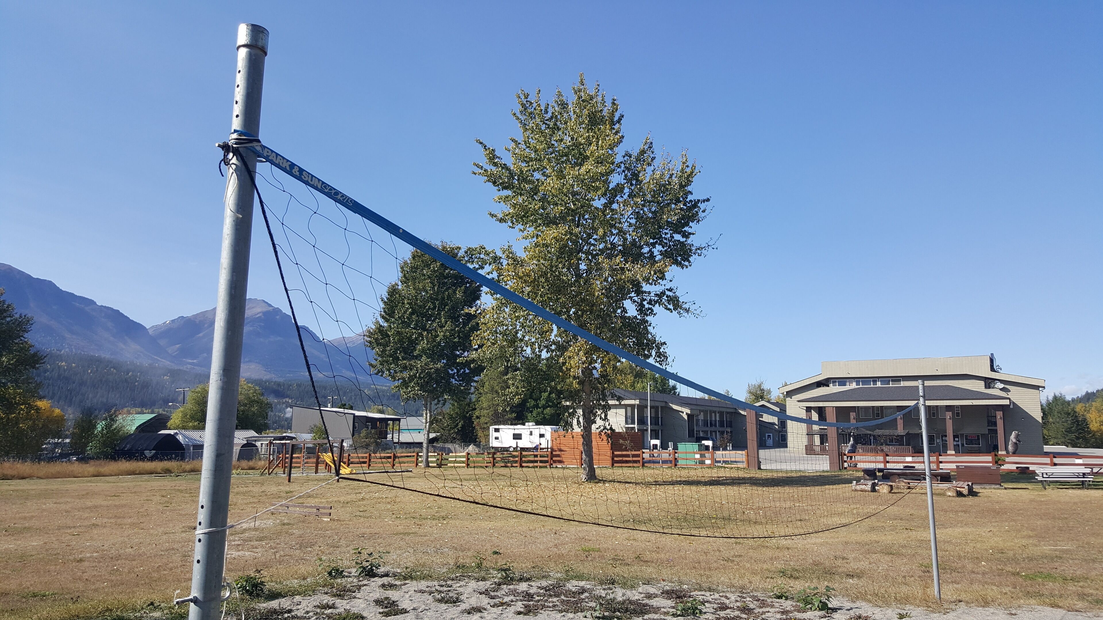 A fenced sports area with a net, a tree, and a building in the background.