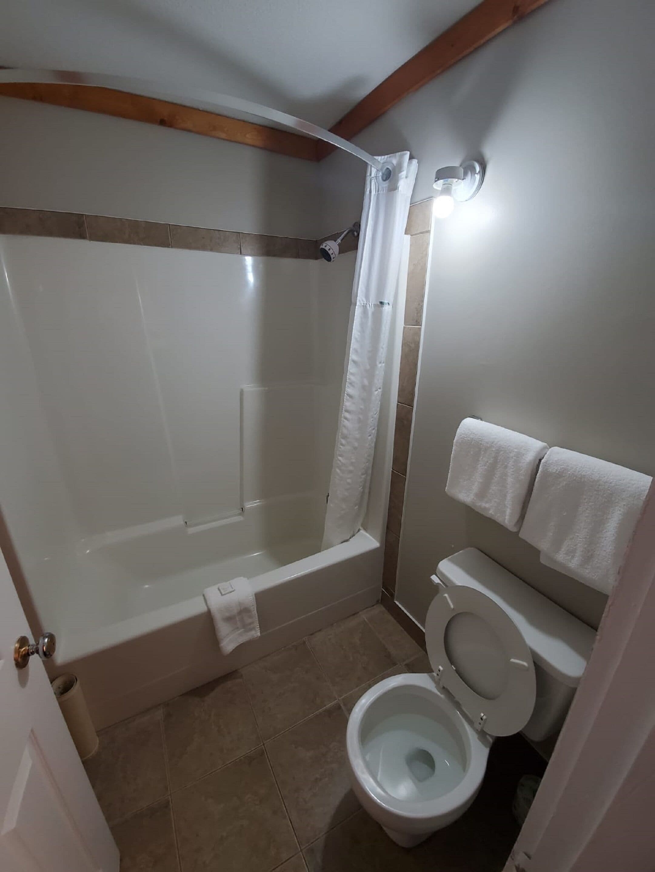A bathroom with a bathtub, toilet, and shower curtain.